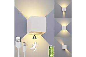 ‎SENFAY Akku Wandleuchte mit Bewegungsmelder, 6W USB Aufladbare LED Wandlampe mit Schalter, Einstellbarer Lichtstrahl Warmweiß 3000K, 3600mAh Batterie kabellos Wandleuchten for Schlafzimmer Flur Treppen, Weiß