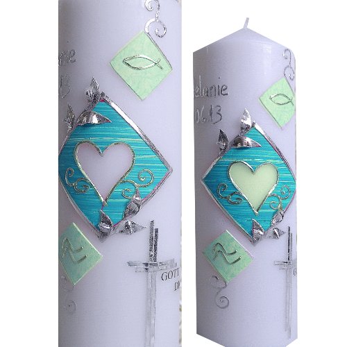 Taufkerze Kommunionkerze 200×70 Mädchen Junge Herz WASSER FISCH Mit Gott behüte Dich incl.Namen Datum alle Farben möglich ITP159 - 2