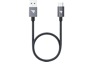 RAMPOW Cable USB C QC3.0 Corto, Cable USB Tipo C 3A, Cable Carga Rapida Nylon Duradero Compatible con iPhone 15/15 Pro iPad Pro/Air, Samsung Galaxy S21/S20/S10, Huawei P30/P20 - Gris 20CM