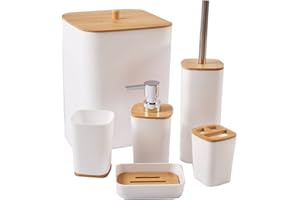 JETAINE 6 Pieces Bamboo Bathroom Accessories set, Luxury Modern Bathroom Accessory Bath Set, White Toilet Accessories w/Trash Can, Toothbrush Holder Cup, Soap Dish Holder, Soap Dispenser Gift