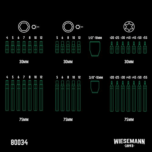 Kraft-Bitsatz 40tlg | Wiesemann 80034 | Chrom-Vanadium Stahl | Bit-Halter 1/2″ und 3/8“| Für Innen-Torx-Schrauben T20 – T55 | Für Innensechskantschrauben 4mm – 12mm| im Werkzeugkoffer | Lange Spezial-Bits - 6