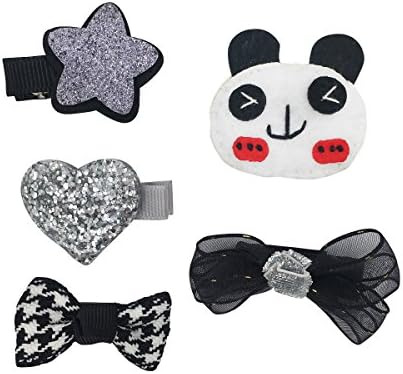 PeiLan 5Pcs Gril Hair Accessories Set Hairpin Ribbon Bows Clips Flower Paillette Star (Panda &amp; Love)