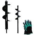 THE WHITE SHOP 2 Pack Garden Auger Spiral Drill Bit Set, 1.6 x 9 Inch & 3 x 12 Inch with Garden Gloves, Plant Bulb Auger Fits for 3/8 Inch Dill for Bedding Plants and Digging Weeds Roots