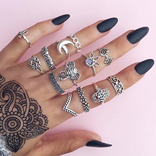 FinDox(TM) Vintage Elephant Moon Fatima Hand Crystal Fan Safe Hollow Flower Rings For Women Bohemian Jewelry Wedding Ring Sets 13Pcs/Set [ Silver ]