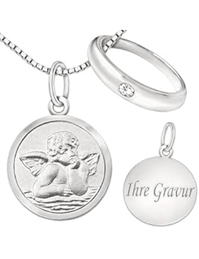 CLEVER SCHMUCK-GRAVUR-SET Silberner Anhänger Mini-Engel Ø 10 mm inklusive Taufring, Rückseite Wunschgravur mit...