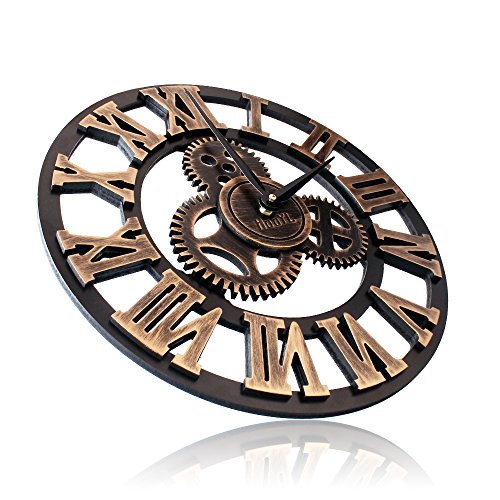 HooYL stylische Wanduhr im Vintage Look mit dekorativem Zahnrad und römischen Ziffern aus Holz (Farbe Kupfer) - 2