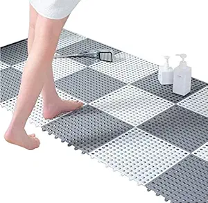 MARZIX Interlocking Soft PVC Flooring Tiles Mat, 12 x 12 Inch No-Slip Rubber Splicing Waterproof Mat, Modular Interlocking Cushion Tiles with Drain Hole for Bath Floor, Kitchen Floor and Deck (4)