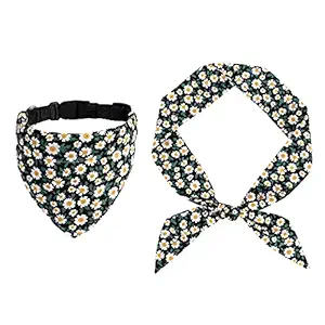 Dog Collar Bandanas Matching Owner Neckerchief Headband Scarf Floral Adjustable Size for X-Small Small Girl Dogs (Black, S)