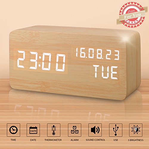 Reloj Digital Despertador Madera de Haya con Control de Sonido y LED Brillo de la Pantalla (Marrón)
