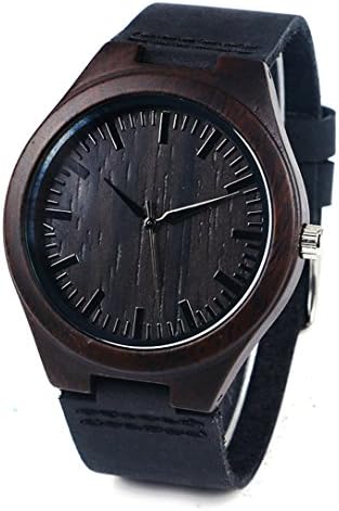 Black Men's Bamboo Wooden Watch with Genuine Cowhide Leather Strap Japanese Quartz Movement Casual Wristwatches