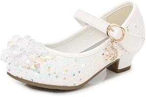 Eleasica Fille Cristal Fleur Chaussures de Princesse Reine des Neiges Elsa Anna Talons Plats Paillettes Déguisement Argenté Bleu Rose Doux Halloween Noël Anniversaire Carnaval Cosplay