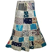 Mogul Interior Womens Rayon Skirt Green Patch Work Printed Vintage Look Gypsy Skirts S/M