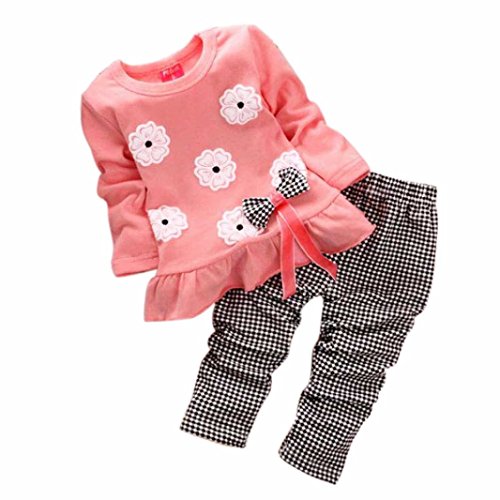 Koly Newborn Baby Clothing Sets Long-Sleeved Kids Girls Flower Bow Shirt Plaid Pant Set