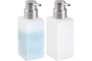 mDesign Foaming Soap Glass Dispenser Pump Bottle for Bathroom Vanities or Kitchen Sink, Countertops - Pack of 2, Square, Frost/Brushed