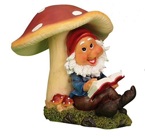 Gartenzwerg mit Buch unter Pilz Gartenfigur - 2