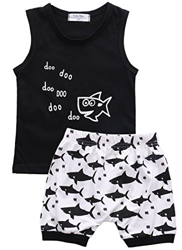 Boys Sleeveless T Shirt Kids Summer Shark Cartoon Top + Pants Clothing 0-24 Months (18-24 Months)