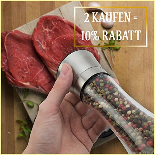 #1 Excuisite Salz- und Pfeffermühle Set Edelstahl mit Keramikmahlwerk Gewürzmühle Salzstreuer für Himalaya Salz Gewürzbehälter Pfefferkörner | Salz und Pfeffer Gewürzstreuer Chilimühle Kräutermühle | Küchenzubehör - 2