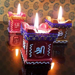 Sundar Home Tulsi Diya Candle | Clay & Terracotta Diya for All Kind of Festival Diwali/Navratri | Colourful Hand Painted Puja Pooja Diya | Home Decoration (Multicolor) (PCS of 4) (4)