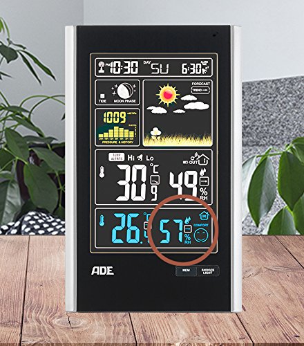ADE Wetterstation WS 1600 mit Funk und Außensensor – digitale profi Funkwetterstation in schwarz – präzise Vorhersage der Innen- und Außen-Temperatur – mit großem Farb-Display, USB-Port und 1 Sensoren - 6