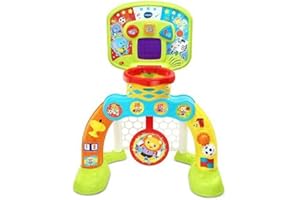 VTech-Baby Centro de Deportes Basket-GOL, Portería de fútbol, Canasta de Baloncesto y Diana, Efectos Especiales y respuestas interactivas, Incluye Tres Pelotas, Marcador LED (80-533522), versión ESP