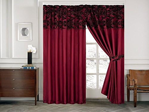 Massari Premier Luxury DaMask Pencil Pleat Half Flock Curtains - 90"x90" & 66"x72" (66"x72", Burgundy)