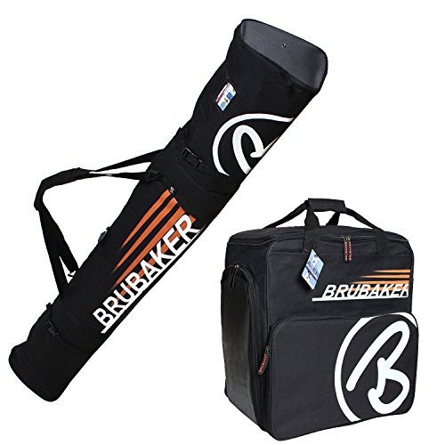 BRUBAKER-Kombi-Set-CHAMPION-Skisack-und-Skischuhtasche-fr-1-Paar-Ski-bis-190-cm-Stcke-Schuhe-Helm-Schwarz-Orange