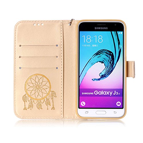 SKYXD für Samsung Galaxy J3 2016 J320FN Hülle Leder Traumfänger Blumen Drucken Muster,Brieftasche Klappbar Glitzer Strass PU Folio Schutzhülle [Kartenfach / Magnet / Standfunktion / Trageschlaufe] Inner Silikon Klapphülle mit [Handyanhänger + Eingabestift] 3 in 1 Zubehör Handy Tasche Etui for Samsung Galaxy J3 2016 J320FN Bookstyle Flip Case Leather Cover With [Stylus and Dust Plug]- Gold - 5