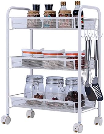 FLM Wheeled Shelves SLZDC02 - 3 Tire Heavy Duty Wire Mesh Rolling Cart for Serving Utility Organization,White