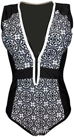 Alleppa Womens Zipper Rush Guard Trible Printing Split Vintage 1PCS Swimsuit - Black - Small