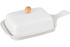 Galicja RONNIE Beurrier en bambou et céramique avec couvercle – Beurrier avec couvercle – Beurrier – Récipient à beurre – Petit beurrier en céramique moderne – Blanc – 12,5 x 22 x 7,5 cm