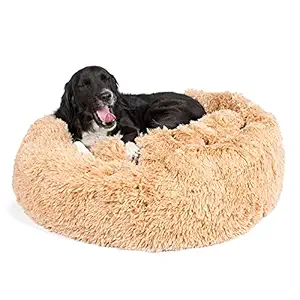 Barkbox 2-in-1 Memory Foam Donut Cuddler Dog Bed | Orthopedic Joint Relief Fur Crate Lounger for Dogs and Cats, Machine Washable + Removable Cover | Waterproof Lining | Includes Toy (Large, Sand)