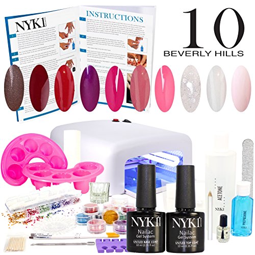 NYK1 Shellac Kit BEVERLY HILLS 10 Colours Gel Nail Shellac Starter Kit Complete. Absolutely Everything Included for Salon Perfect MANICURE & PEDICURES. 36w UV Lamp, 30ml Prep&Shine Sticky Residue Remover, 200 Lint Free Wipes, CND Mini Solar Oil, 100ml Acetone Remover, 12 GLITTER POWDER Nail Art Pots, plus Lots More. Top Coat and Base Coat already included with Full NYK1 Simple Instructions