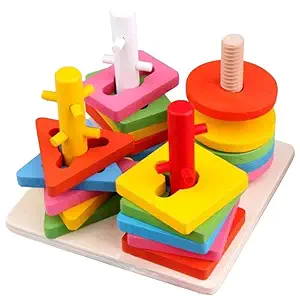 Smoneo Wooden 4 Shape Sorting & Stacking Toys for Toddlers, Montessori Color Recognition Stacker, Early Educational Blocks Puzzles 1-3 Years Old Age Boys and Girls (4 Shapes)