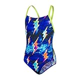 Protección solar: UPF 50+ Speedo Strike Flash Placement Digital Crossback Bañador, Niñas, Negro/ponche Lima/Violeta, 28