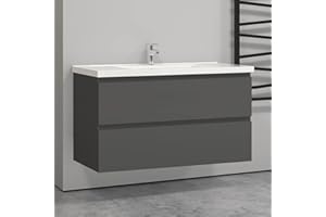 Biubiubath 1000mm Wall Hung Basin Vanity Unit Grey 2 Soft Close Drawers 1 Tap Hole Sink Bathroom Toilet Storage Funiture