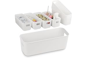 imatenn 8 pack Narrow Storage Box, Plastic Storage Baskets for Shelves, Slim Kitchen Cupboard Organiser Storage Boxes for Bathroom Cabinet, Drawers, Desktop Organisation, 10 cm Wide Rectangle,White
