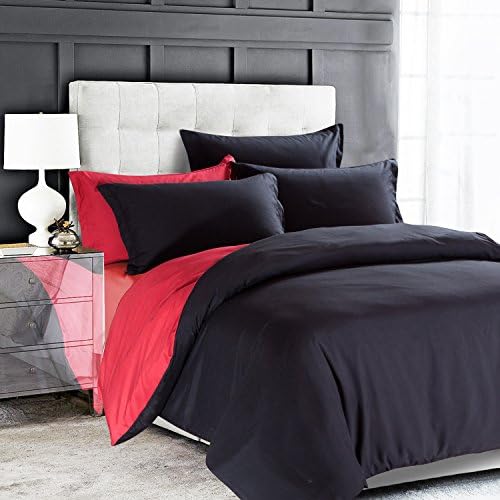 Imperial Rooms Glamorous Luxury Plain Reversible Dyed Duvet set Quilt Duvet Cover Bedding Set bed sheets duvet tog ( Double / Black &amp; Red ) Include 1 duvet set and 2 pillow cases