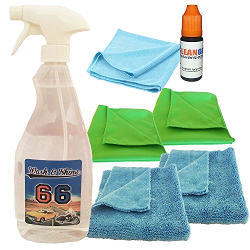 Preisvergleich Produktbild 1 Liter Spray, Wash & Shine 66 - XL Pflegeset - Autowaschen ohne Wasser - Motorradpflege ohne Wasser- Fahrzeugreinigung für Aussen, Innen, Felgen und Cabrioverdecke inklusive 4 Spezial Mikrofasertücher. GRATIS dazu: Testsieger ( bei Bernaunet) Nano Glasversiegelung Set für Windschutzscheibe und Co