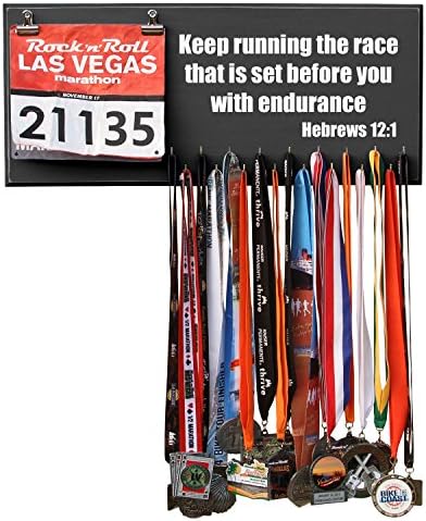 RunRilla Keep Running the Race that is Set Before You with Endurance, Hebrews 12:1 Medal Hanger Display, Black, 17 Hooks