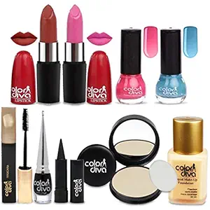 Color Diva 2 Lipstick, 2 Nail Paint, 1 Mascara, 1 Kajal, 1 Compact, 1 Foundation, 1 Eyeliner Makeup Combo, Smooth Finish
