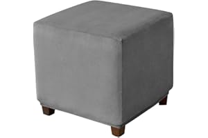 Highdi Velvet Square Ottoman Cover, Rectangle Stretch Footstool Slipcover, Stool Protector Cover with Elastic Bottom, Dustproof Removable Washable Footrest Pouffe Covers (M,dark gray)