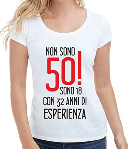 bemode T-Shirt Donna Manica Corta in Cotone 50 Anni. 18 Anni con 32 di Esperienza (M, Bianca)
