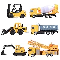 deAO Toy Vehicle Playset 6 Construction Trucks Include Forklift Mixer Loader Dumper Bulldozer Crane