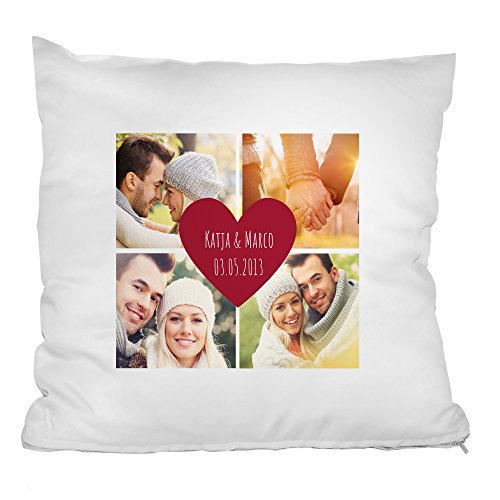 Personello® Fotokissen (40x40) mit 4 Fotos, Wunsch-Namen und Datum im Herz gestalten, Kissen mit Fotos bedrucken, mit Füllung, Geschenk zum Jahrestag, Fotogeschenk
