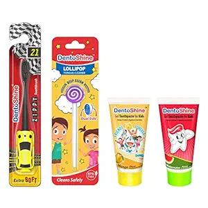 DentoShine Oral Care Combo Ages 3+ (Zippy Toothbrush for Kids + Lollipop Tongue Cleaner + Flavored Toothpaste 80 g x 2) (Mango & Watermelon)