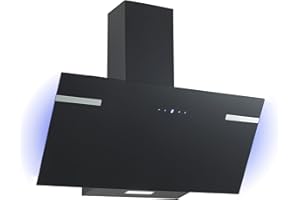 Respekta Cappa aspirante/Cappa inclinata di 90 cm/Alloggiamento in metallo con paralume in vetro nero/Funzione di scarico e ricircolo / CH69090SA+ / A+ / 43–63 dB