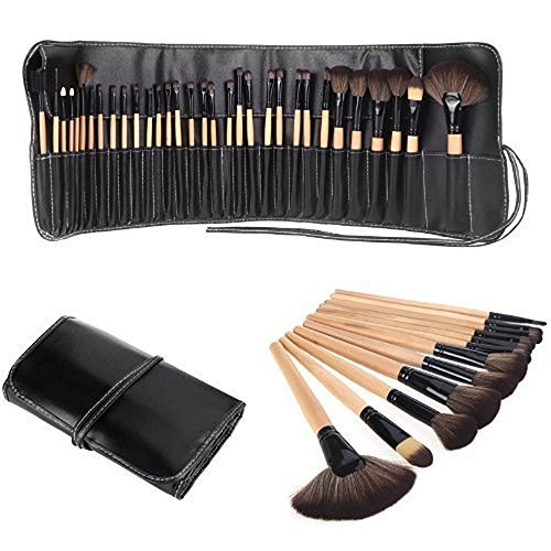LyDia® 32pcs Eco-Friendly Natural Wooden Handle Face Powder/Foundation/Concealer/Angled Blush/Contour/Eyeshadow/Eyeliner/Mascara/Eyebrow/Sponge applicator Makeup Brush Set with Black Case