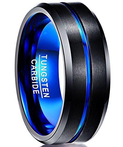 Nuncad, Fede da uomo al carburo di tungsteno, con finitura opaca, smussata e scanalata, 8 mm, colore: blu e nero e Carburo di tungsteno, 17,5, cod. 004RQ1/2