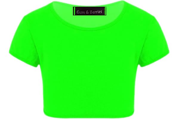 Barn, flickor, neon, fluorescerande, enkel, kortärmad, magtröja, t-shirt, topp, danskläder, gymnastik, maskeraddräkt, ålder 3–14 år