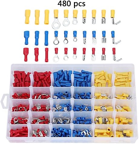 ValueHall 480pcs Wire Copper Crimp Connectors, Thicker Insulated Electrical Heat Shrink Crimp Terminals, Cold Pressing Ring Terminals, Bullet Male &amp; Female Terminals, Butt Splice, Piggy Back, Spade Terminals with Portable Storage Box V7003-3